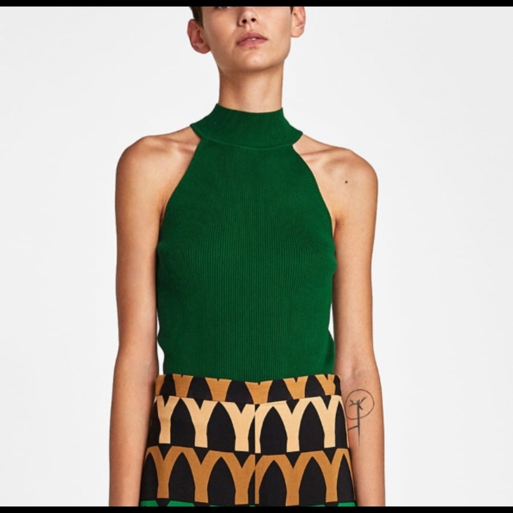 Zara high neck sleeveless green knit top